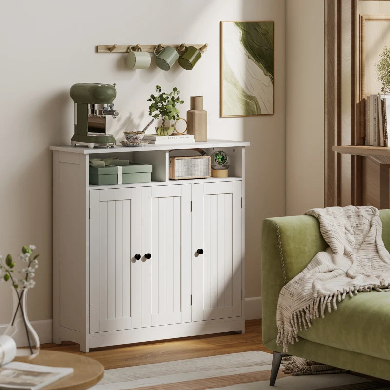 Bathroom Floor Cabinet, Freestanding Bathroom Storage Unit with 3 Doors, 2 Open Shelves and Adjustable Shelf, White