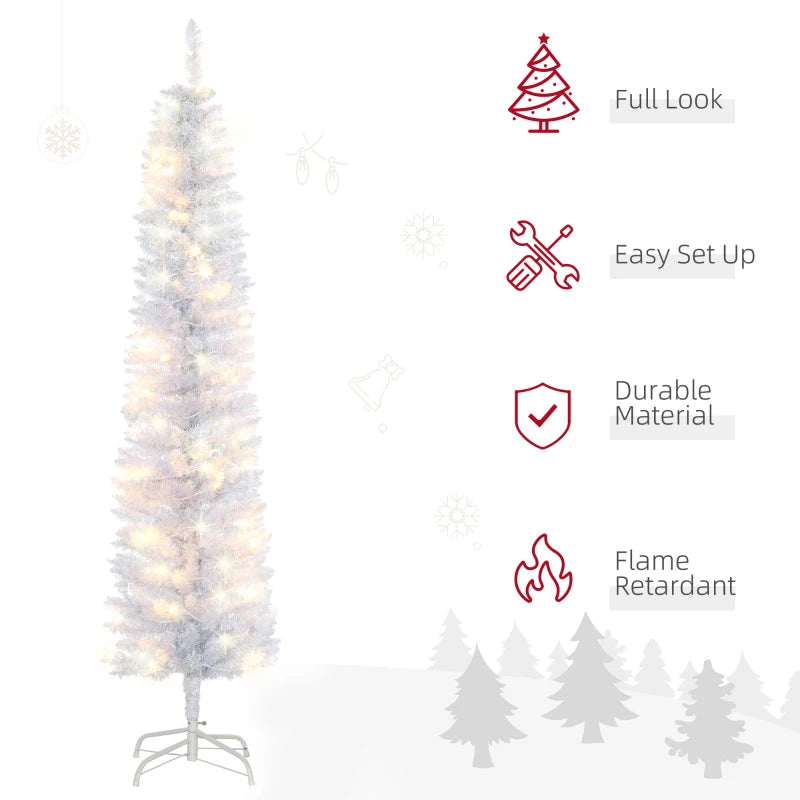 HOMCOM 6ft Prelit Pencil Artificial Christmas Tree – 395 Realistic Branches, 100 LED Lights, Foldable Metal Base, White 