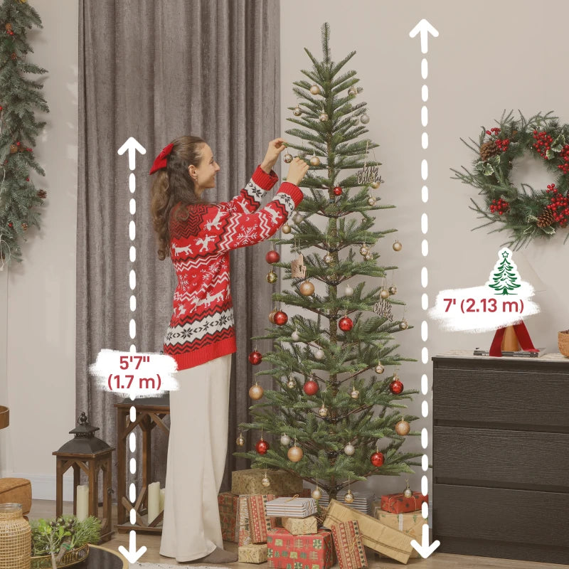 HOMCOM 7ft Artificial Fir Pencil Christmas Tree – Hinged Xmas Tree with 646 Branch Tips & Metal Stand, Easy Assembly, Green 