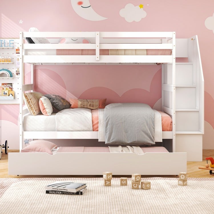 Home Wood Bunk Bed with Guard Rail and 4-step Storage Stairs No Box Spring Needed-White
