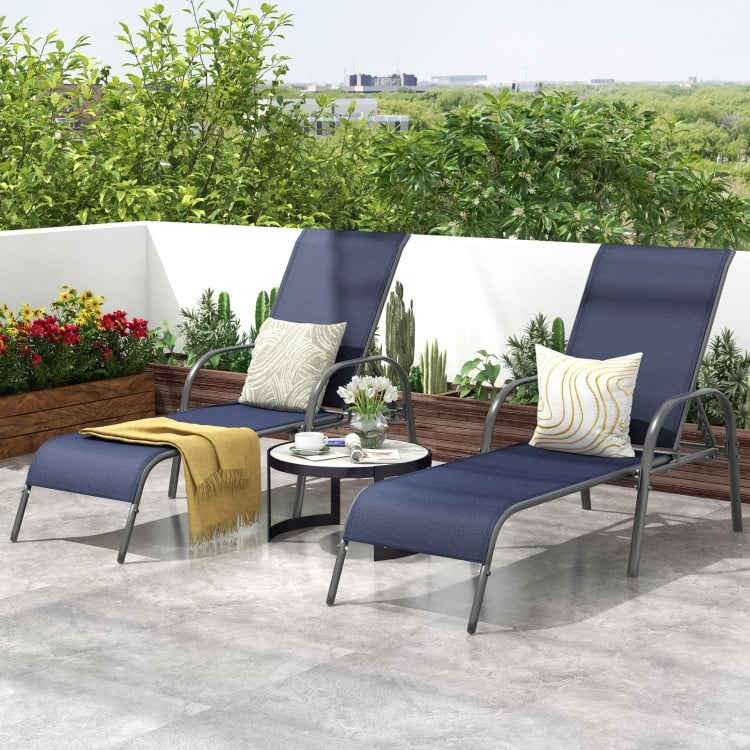 2 Pcs Outdoor Patio Lounge Chair Chaise Fabric with Adjustable Reclining Armrest-Navy