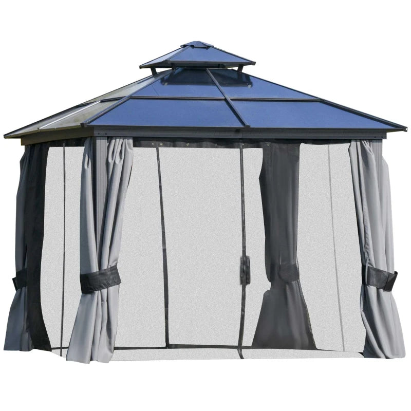 Outsunny 10'x12' Hardtop Patio Gazebo Aluminum Gazebo Canopy with Double Tier Roof, Curtains, Netting Sidewalls, Black & Grey 