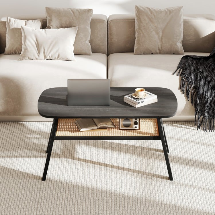 2-Tier Rectangular Center Coffee Table with Rattan Storage Shelf and Rubber Wood Legs-Dark Gray
