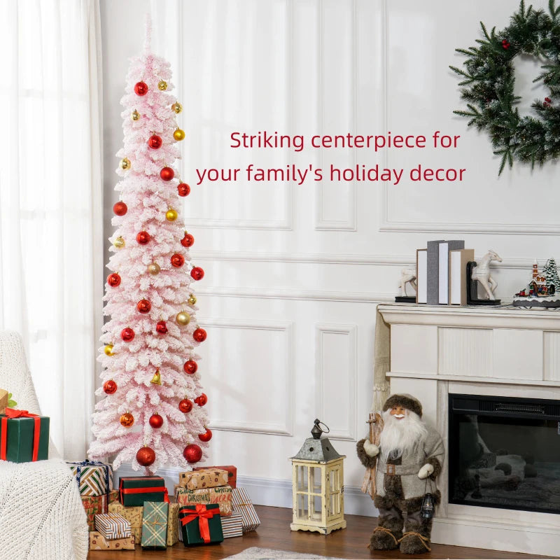 HOMCOM 7ft Snow-Flocked Artificial Christmas Tree – Slim Pencil Design, 490 Realistic Branches, Metal Base, Green 