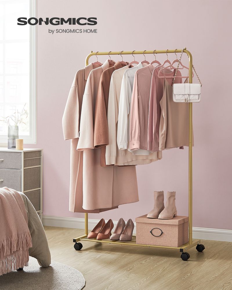 SONGMICS Clothes Rack with Wheels and Dense Mesh Storage Shelf 