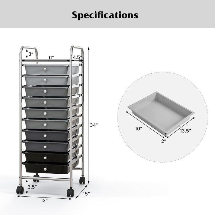 10 Drawer Rolling Storage Cart Organizer with 4 Universal Casters-Gradient Gray