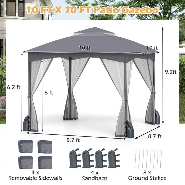 10 X 10 FT Heavy-Duty Patio Gazebo with Netting Walls and 4 Sandbags-Gray