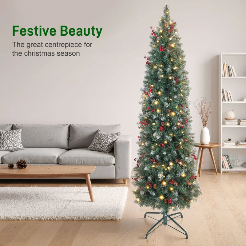 HOMCOM 5FT Prelit Pencil Christmas Tree with LED Lights, Slim Silver Glitter Xmas Tree with Dense Branches & 8 Lighting Modes 