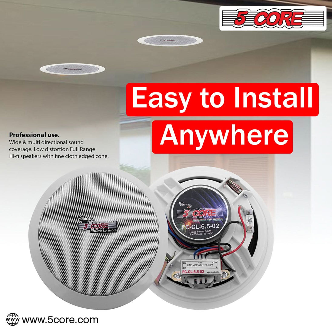 5Core Ceiling Speaker 6.5 Inch In Wall 2 Way Home Audio Mount 60W Sound System