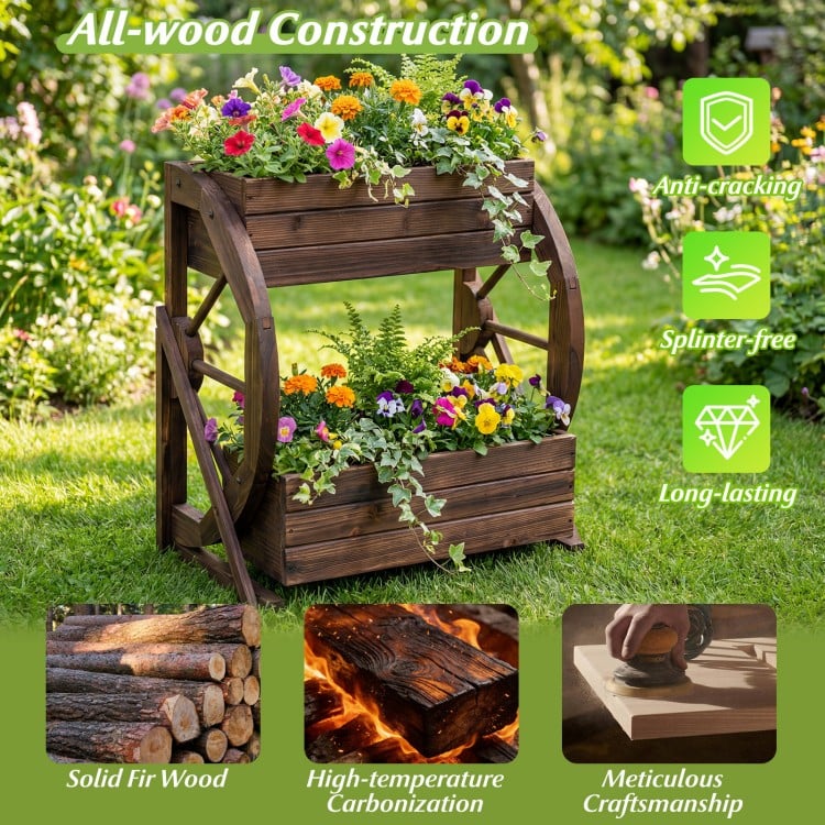 2-tier Raised Garden Bed Rustic Wood Wagon Planter with Drainage Holes and Semi-wheels-Coffee