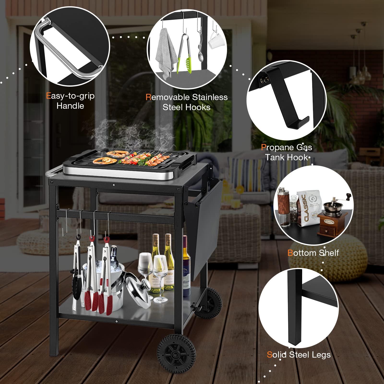 Giantex Outdoor Pizza Oven Stand Grill Cart with Wheels, Foldable Side Table, Gas Tank Hook