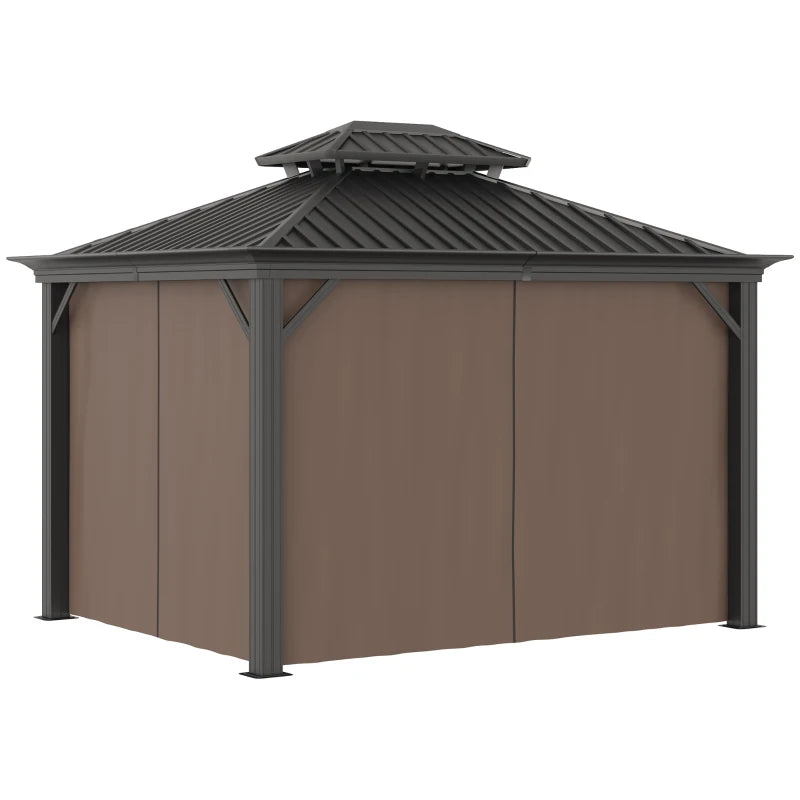 Outsunny 10' x 12' Outdoor Hardtop Gazebo with Galvanized Steel Canopy & Netting Sidewalls for Lawn, Backyard, Brown