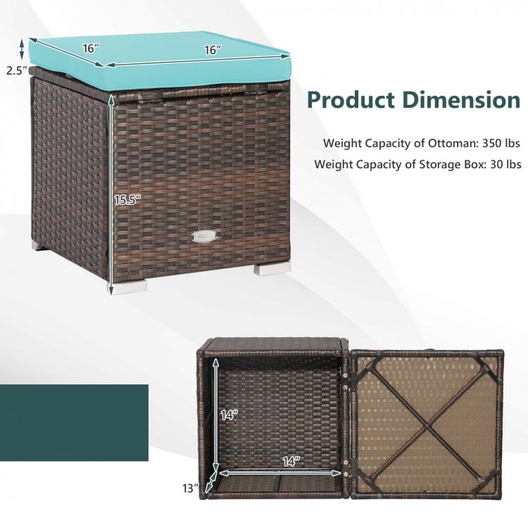 2 Pieces Patio Ottoman with Removable Cushions-Turquoise