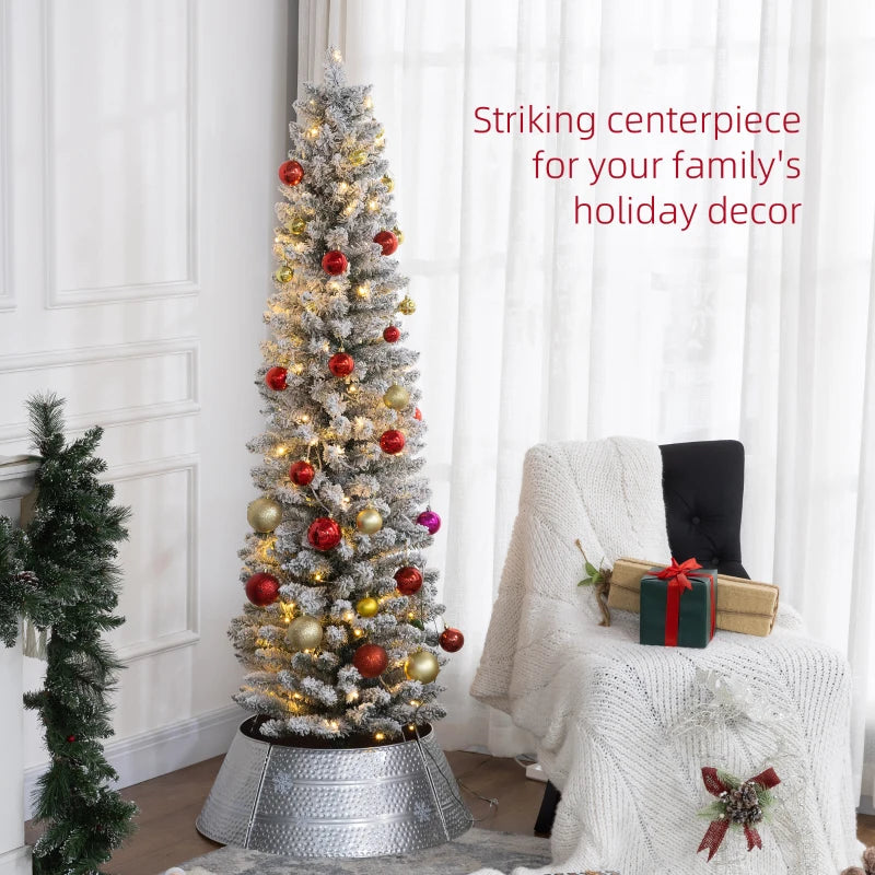 HOMCOM 5FT Prelit Pencil Christmas Tree with Warm White LED Lights, Slim Artificial Snow Flocked Xmas Tree with Metal Base 