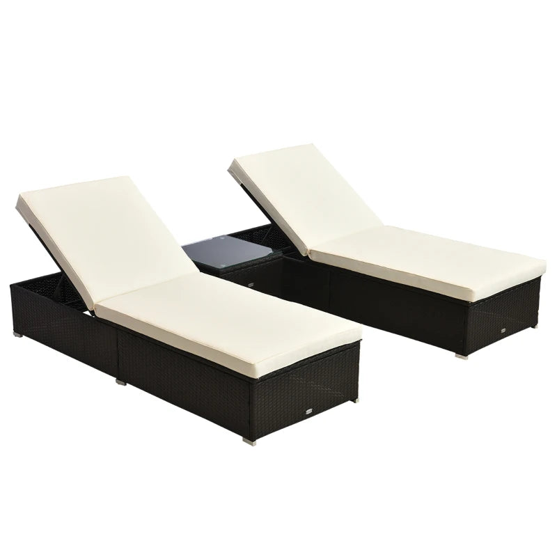 Outsunny 3pc Rattan Lounge Chair Set with Side Table Outdoor Patio Synthetic Rattan Wicker Sun Bed Set with Cushion