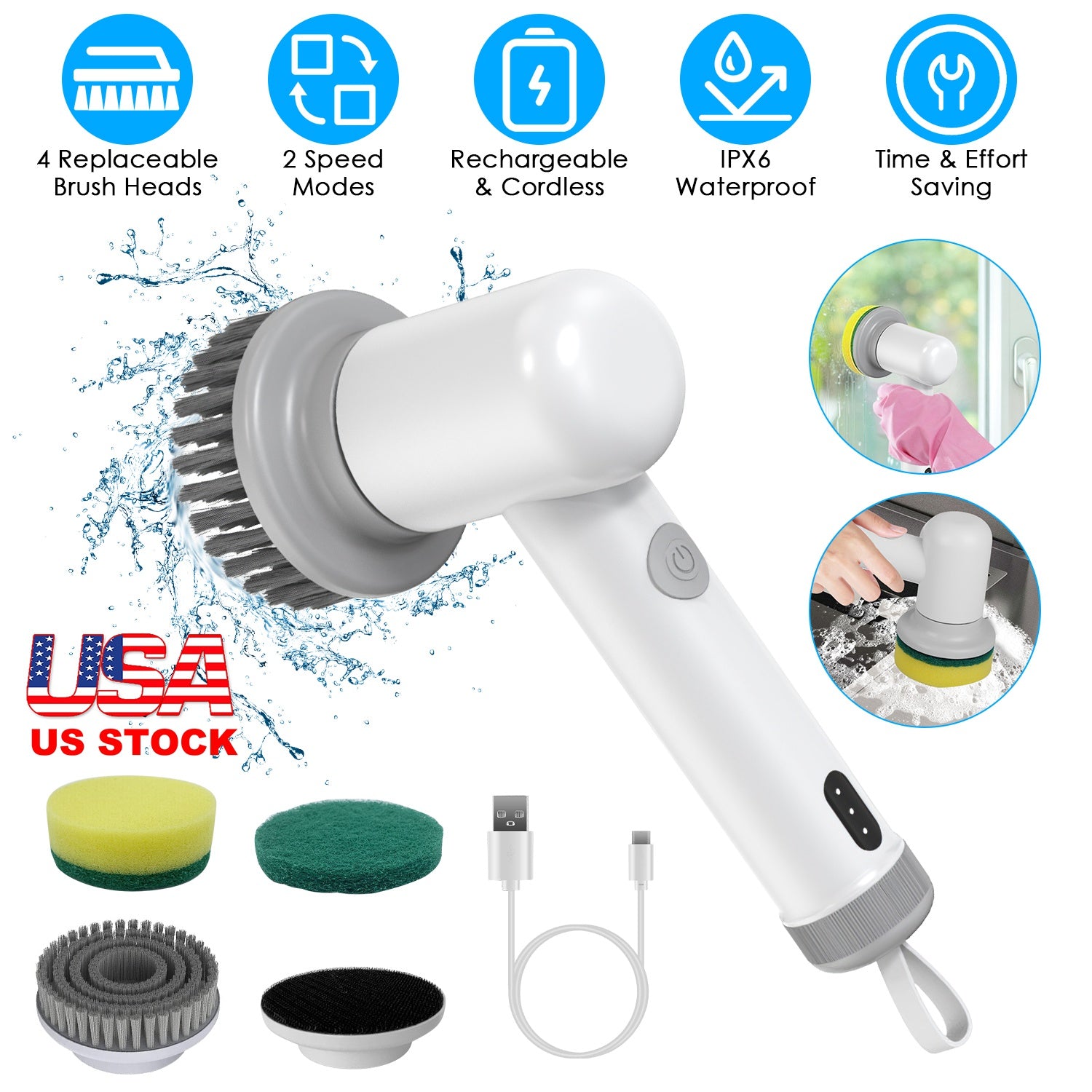 Electric Handheld Spin Scrubber Cordless Cleaning Brush with 2 Rotating Speeds 3 Cleaning Brushes Rechargeable Shower Scrubber for Kitchen Dish Bathtu