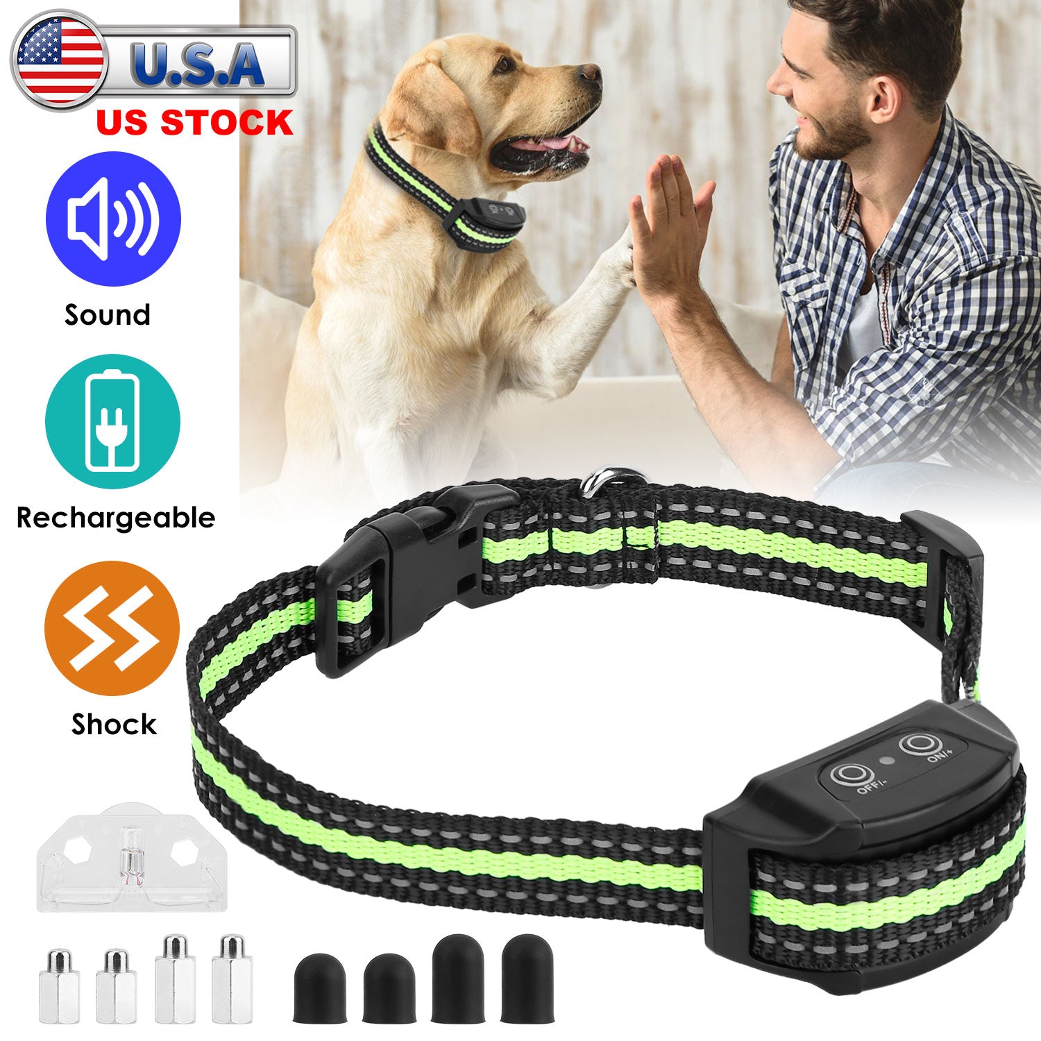 Anti-Bark Dog Collar IP67 Waterproof Beep Electric Shock Rechargeable Pet Training Device w/ 7 Adjustable Sensitivity