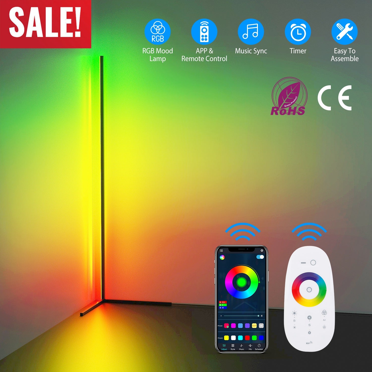 56in Floor Lamp Light LED Standing Lamp Remote Control Dimmable Color Changing Mood Light