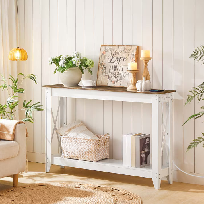 HOOBRO 47.2" Console Table with Charging Station, Farmhouse Entryway Sofa Table with Storage Shelf, Oak Brown & Antique White