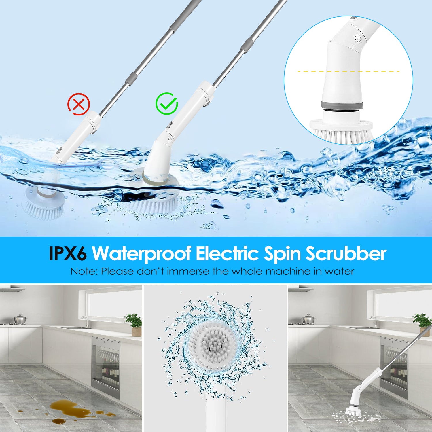 Electric Spin Scrubber Cordless Rechargeable Telescopic Cleaning Brush 6 Replaceable Heads 2 Speed Adjustable Extension Arm Bathroom Tub Tile Floor