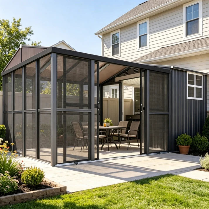 AECOJOY 10x10 Sunroom & 6x10 Storage Shed Combo with Sliding Screen Door