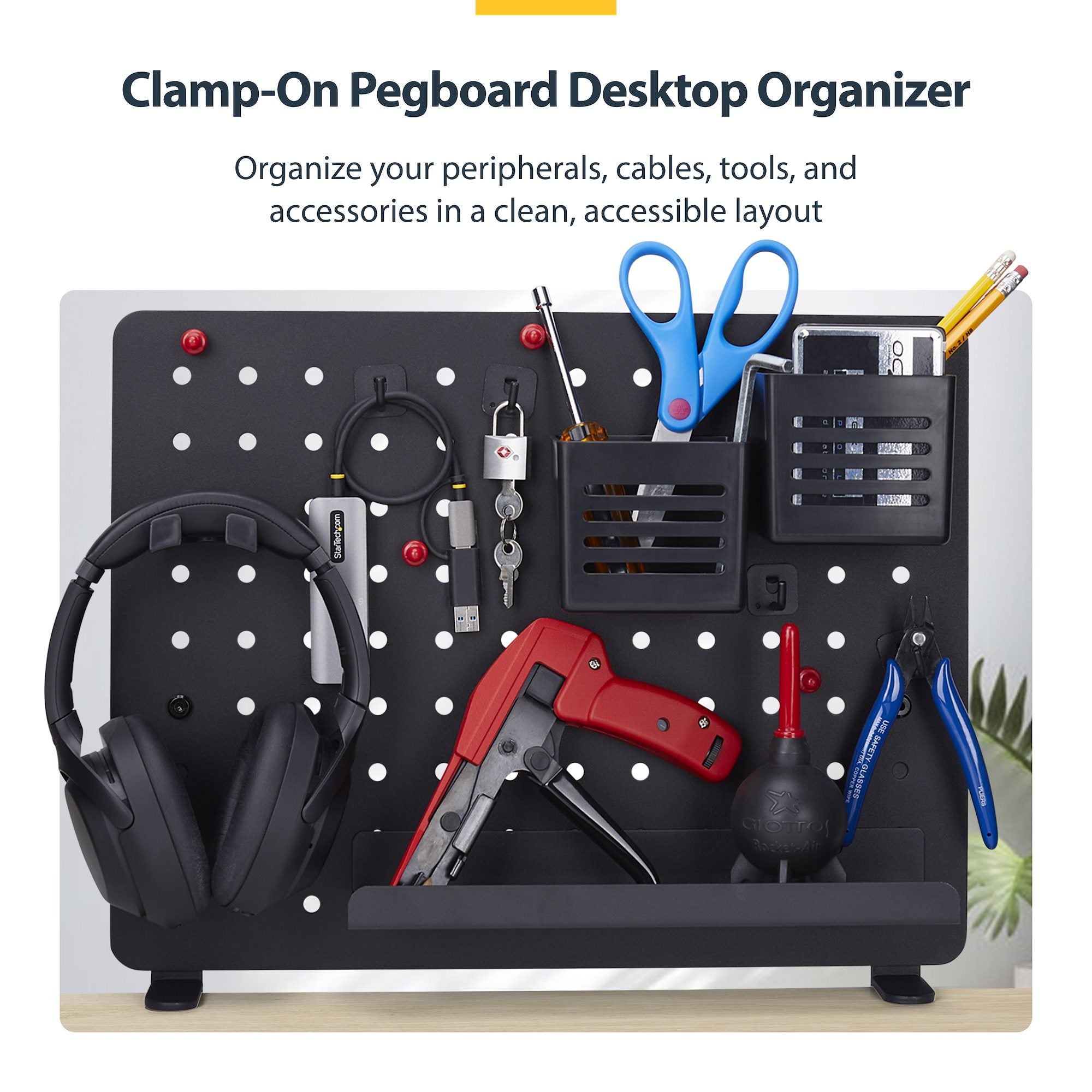 Clamp-On Pegboard with Accessories, 16.5 x 12.5in (42 x 32cm), Steel Pegboard, Desktop Storage Organizer, Desk Mount Peg Board, Black 