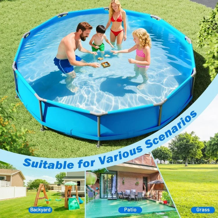 1617 Gallon Outdoor Family Swimming Pool with Metal Frame – 12 ft Above Ground Backyard Pool (Blue/Gray)
