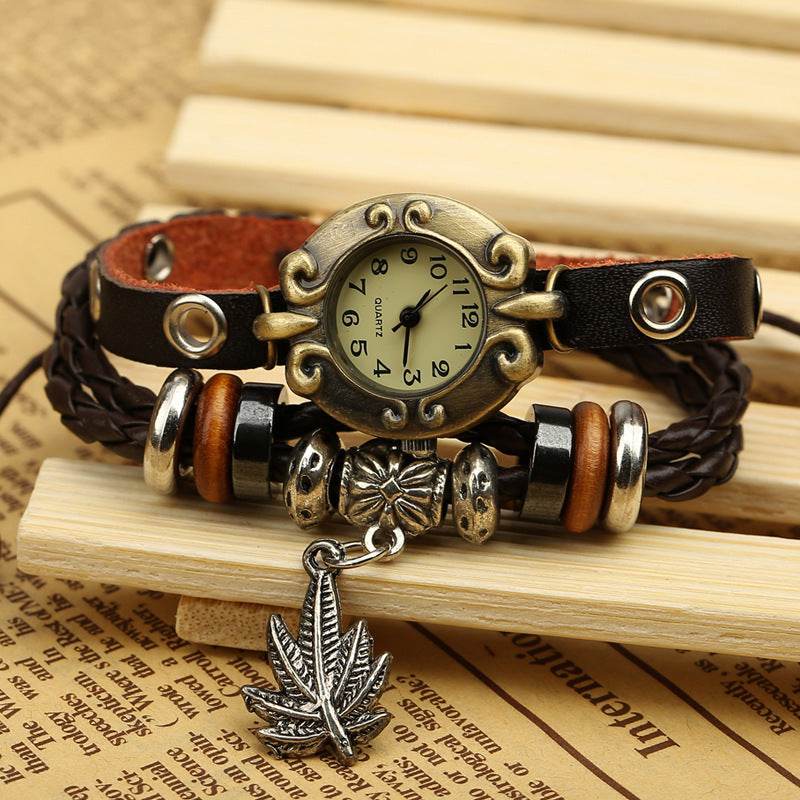 Factory Direct Genuine Leather Bracelet Watch Retro Leather Bracelet Watch Beaded Bracelet Yiwu Wholesale Jewelry 