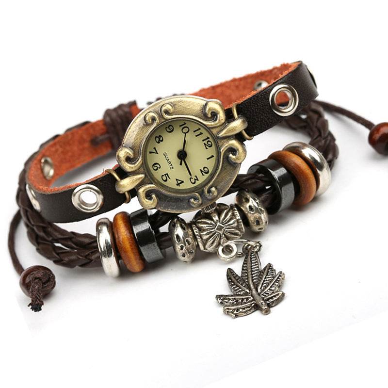 Factory Direct Genuine Leather Bracelet Watch Retro Leather Bracelet Watch Beaded Bracelet Yiwu Wholesale Jewelry 