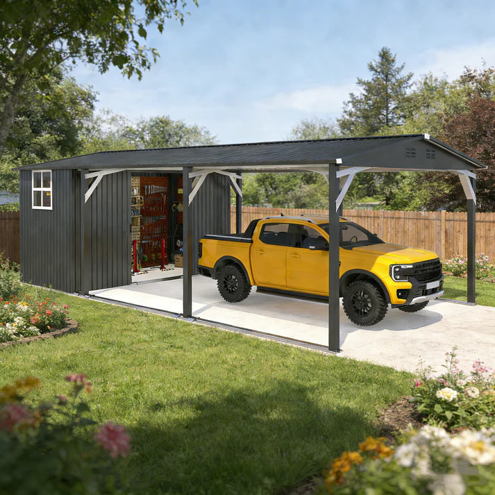 YODOLLA 12' x 23' Outdoor Storage Shed & Heavy Duty Metal Carport Shelter – Waterproof Weather-Resistant Garage with Locking Storage Room, Dark Grey