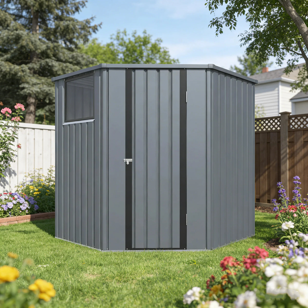 Corner Outdoor Storage Shed with Openable Windows – Dark Grey Metal Garden Storage Shelter