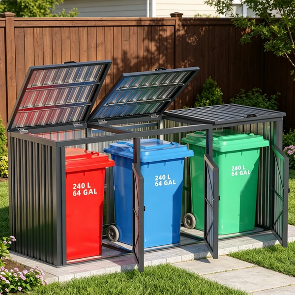 7.7 × 2.6 FT Outdoor Garbage Bin Storage Shed – Metal Enclosure for 3 Trash Cans with Lockable Doors & Lift-Up Lids