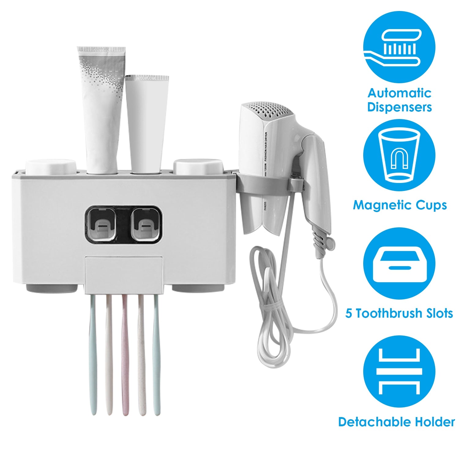 Multifunctional Wall Mount Toothbrush Holder Rack Organizer Automatic Toothpaste Dispenser Squeezer with Magnetic Cups 5 Toothbrush Slots Hair Dryer H