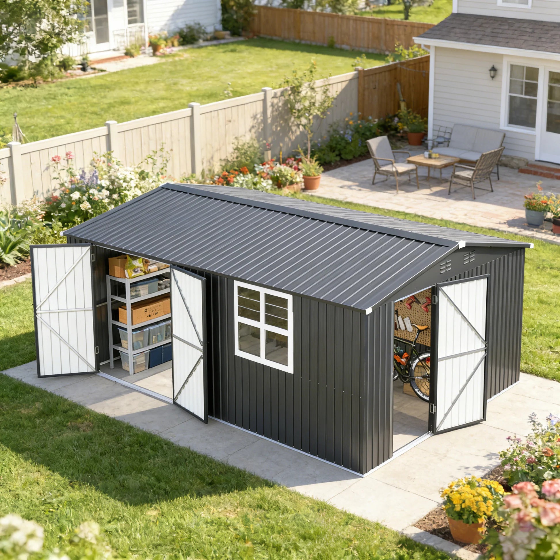 16' x 12' Outdoor Metal Storage Shed | Heavy-Duty Garden Shed with Double Doors, Dark Gray