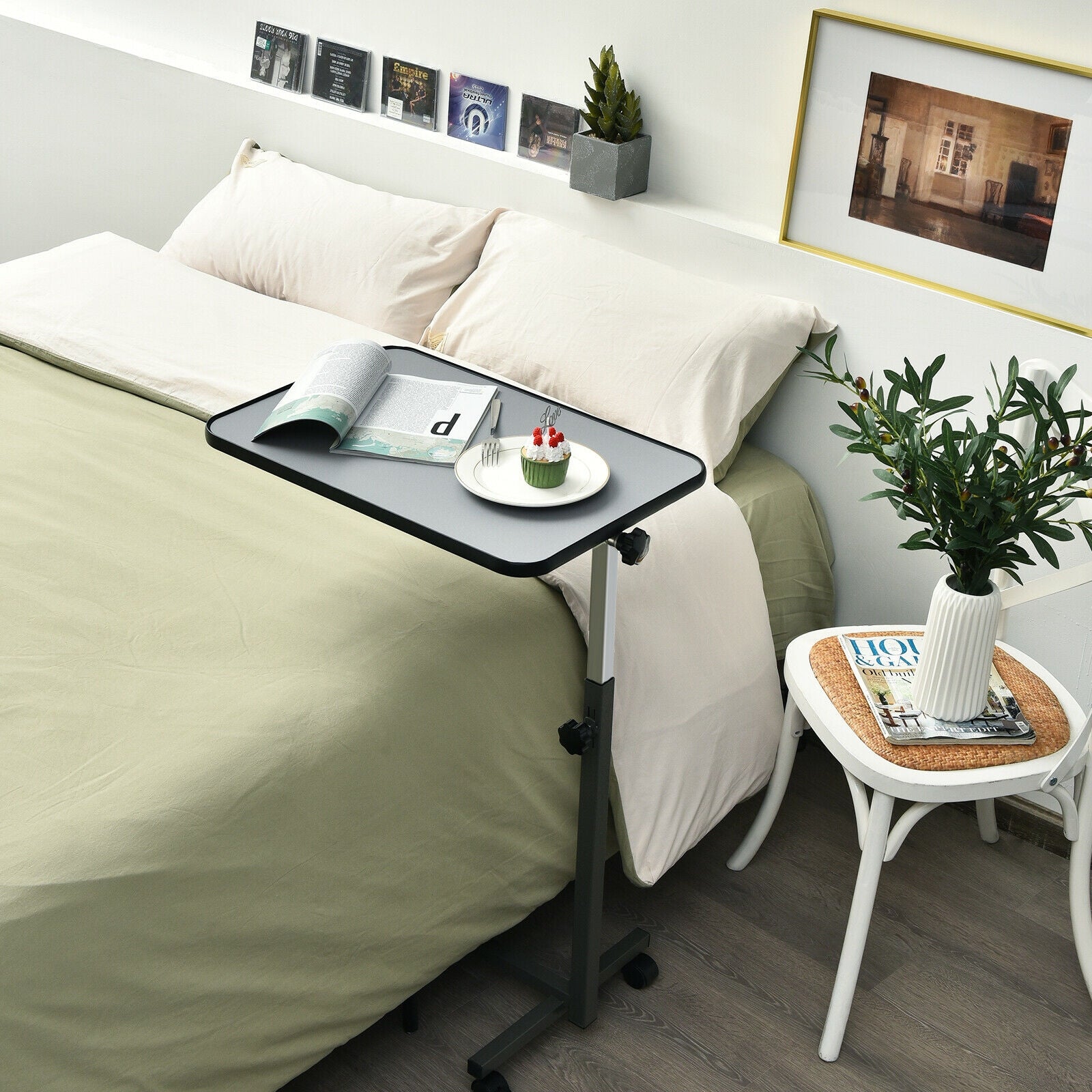 Overbed Rolling Table Food Tray-GrayÂ 