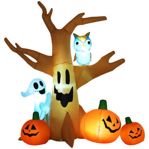 HOMCOM 7.5 Tall Lighted Halloween Inflatables Outdoor Decorations Haunted Tree With Owl, Ghost, Pumpkins, Blow Up LED Yard Decor For Garden, Lawn, Party, Holiday, Waterproof 