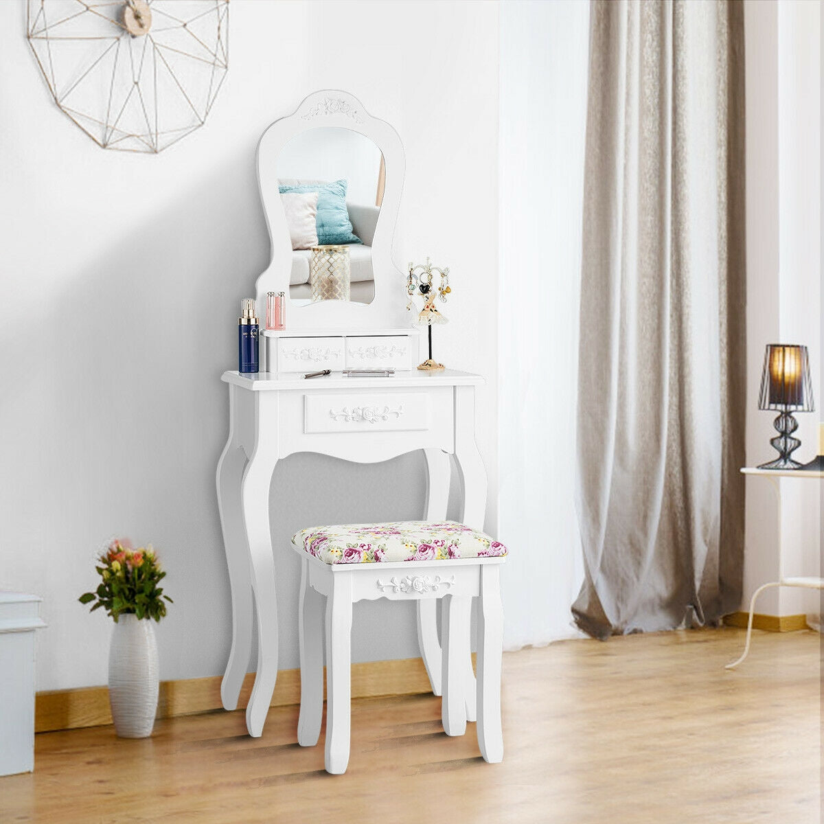 Makeup Dressing Table and Bench 3 Drawers and Cushioned Stool for Girls-WhiteÂ 