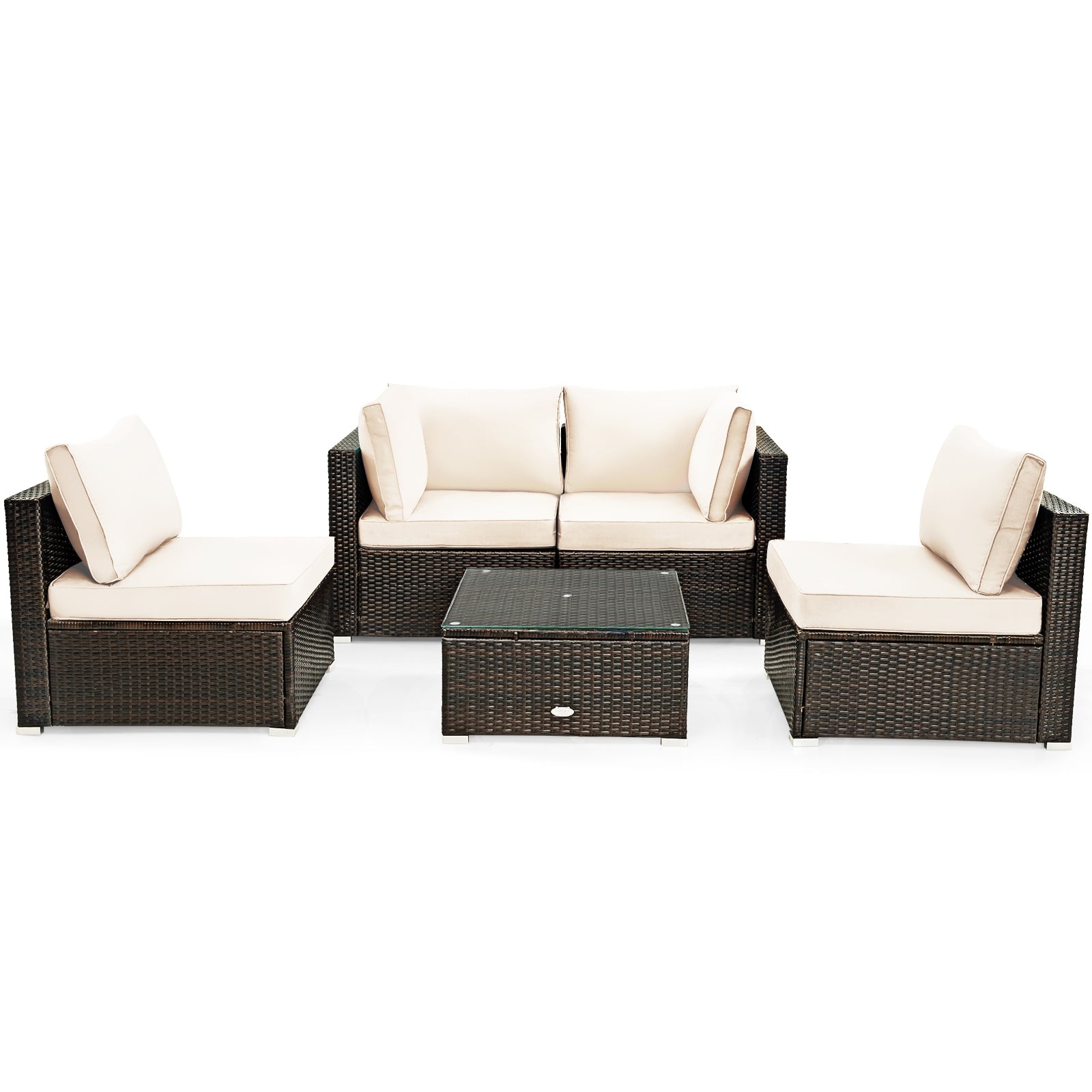 5 Pieces Cushioned Patio Rattan Furniture Set with Glass Table-White