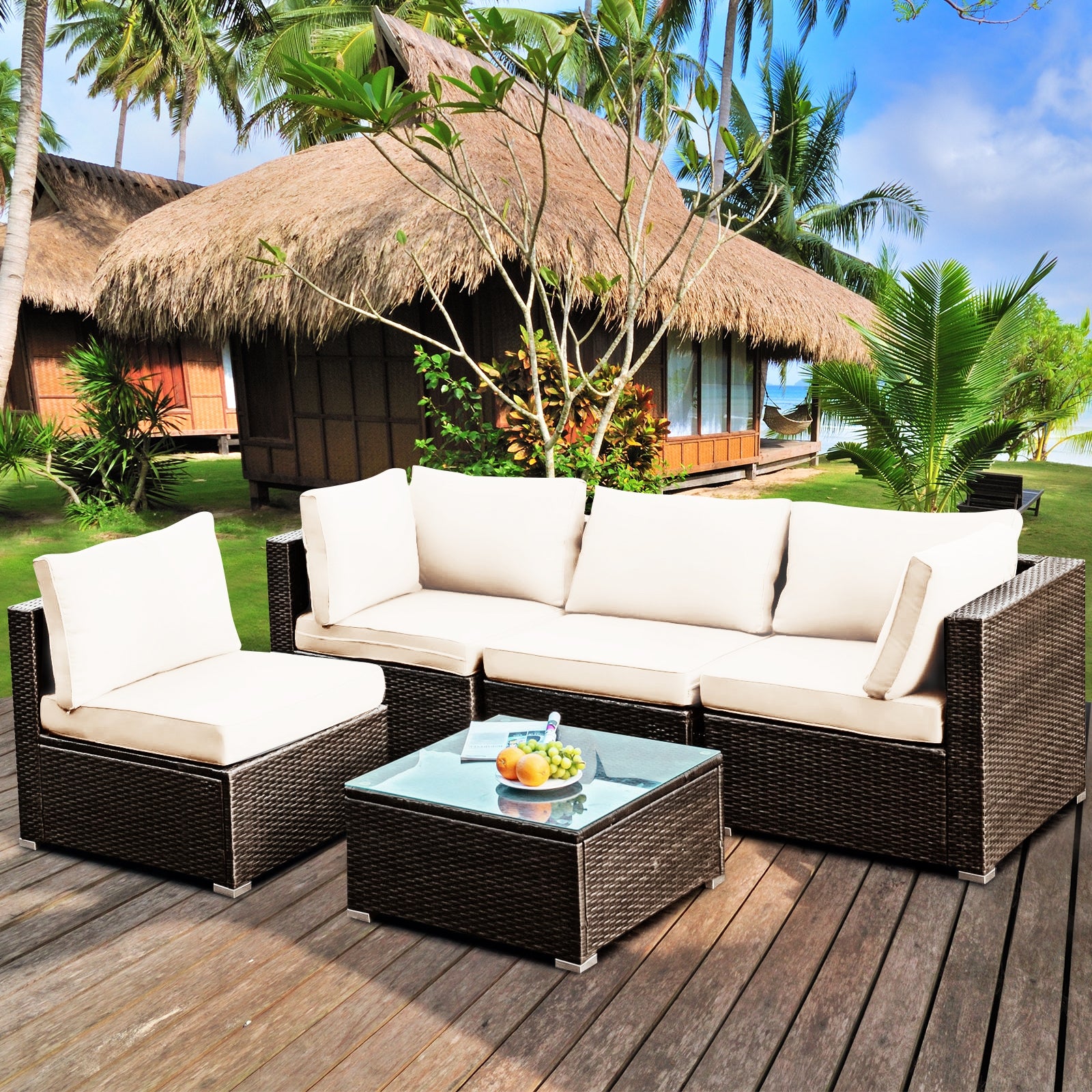 5 Pieces Cushioned Patio Rattan Furniture Set with Glass Table-White