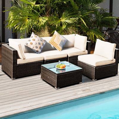 5 Pieces Cushioned Patio Rattan Furniture Set with Glass Table-WhiteÂ 