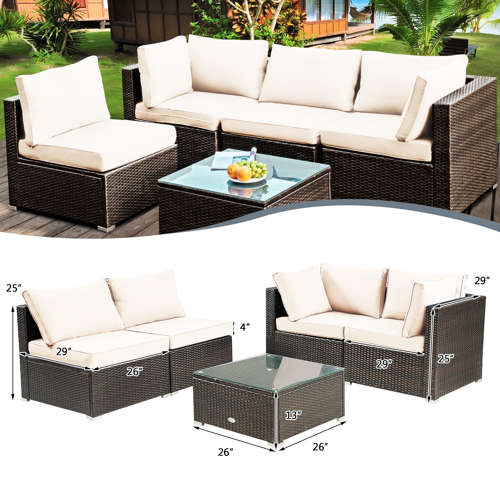 5 Pieces Cushioned Patio Rattan Furniture Set with Glass Table-White