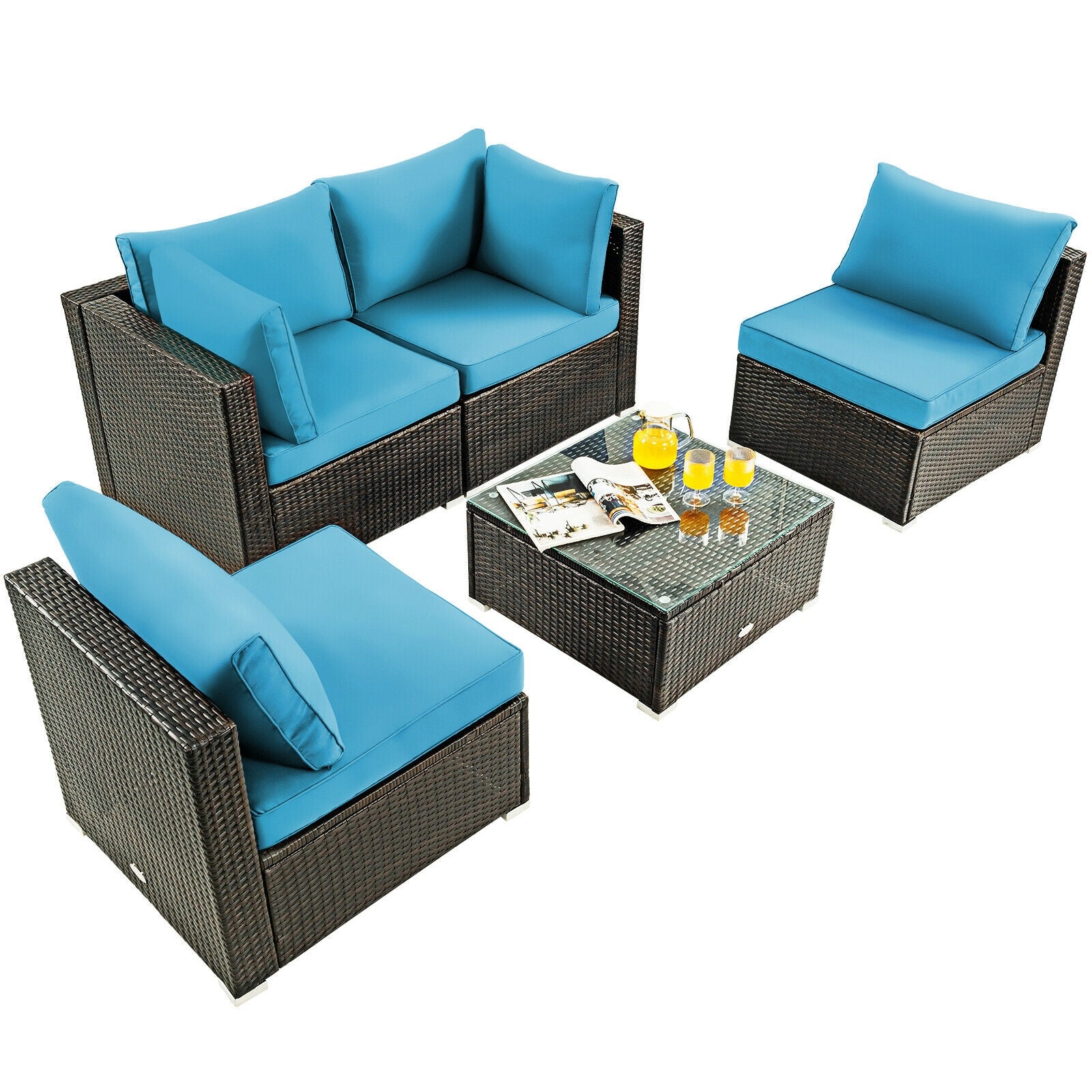 5 Pieces Cushioned Patio Rattan Furniture Set with Glass Table-Turquoise