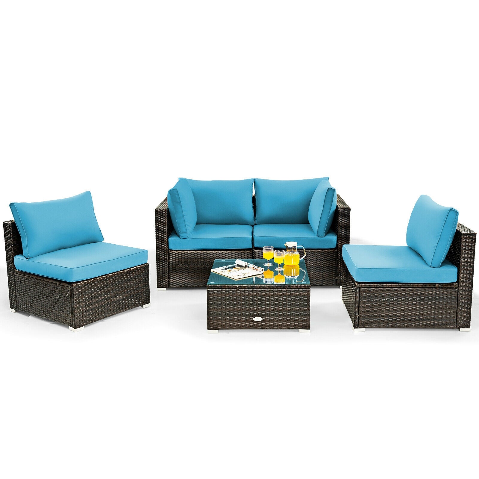 5 Pieces Cushioned Patio Rattan Furniture Set with Glass Table-Turquoise