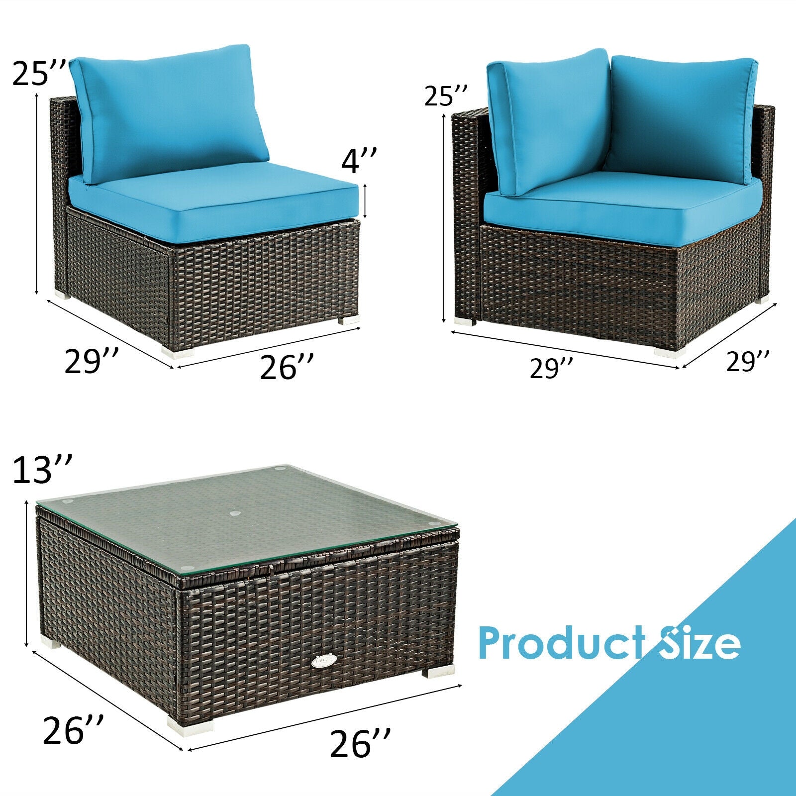 5 Pieces Cushioned Patio Rattan Furniture Set with Glass Table-Turquoise