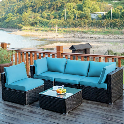5 Pieces Cushioned Patio Rattan Furniture Set with Glass Table-TurquoiseÂ 