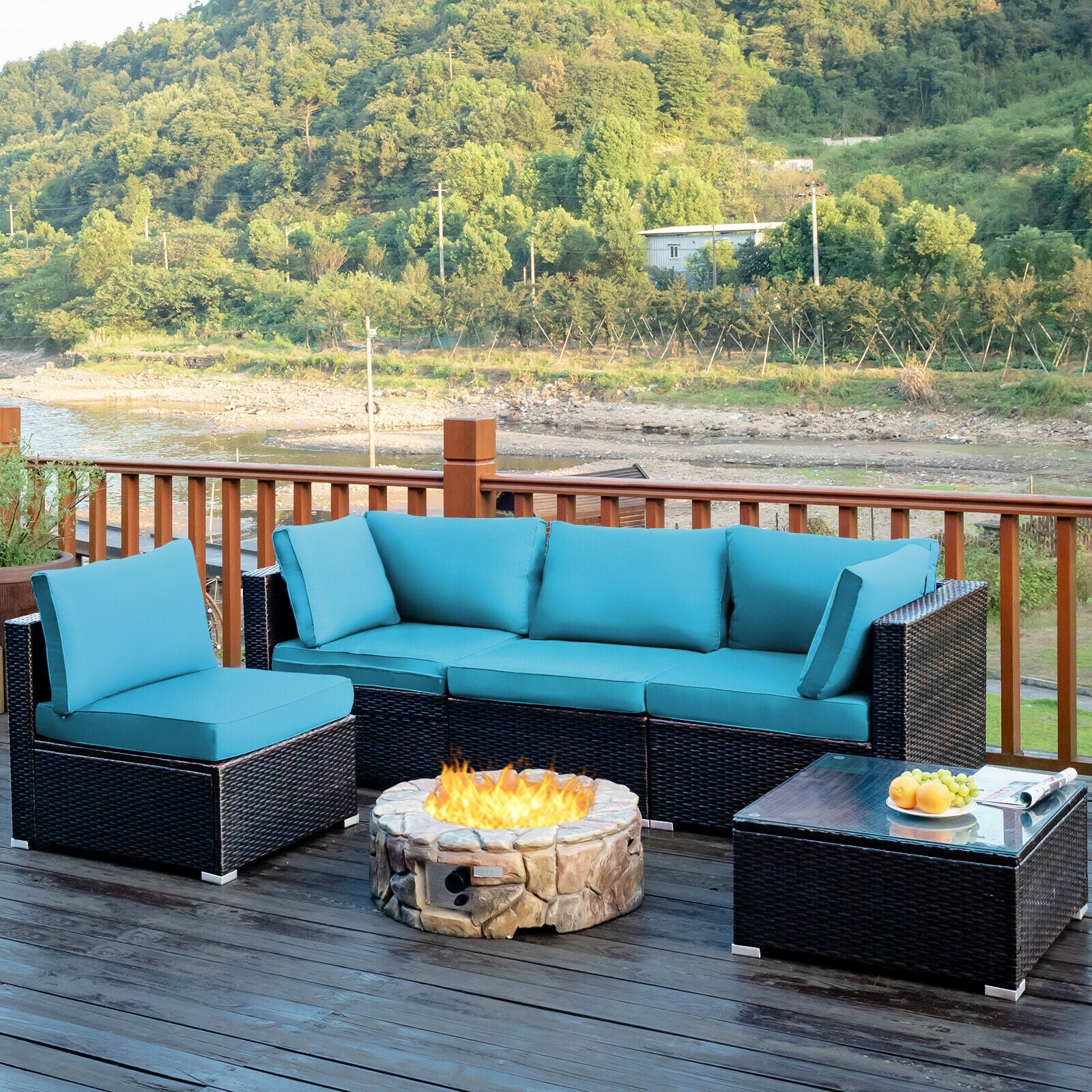 5 Pieces Cushioned Patio Rattan Furniture Set with Glass Table-Turquoise