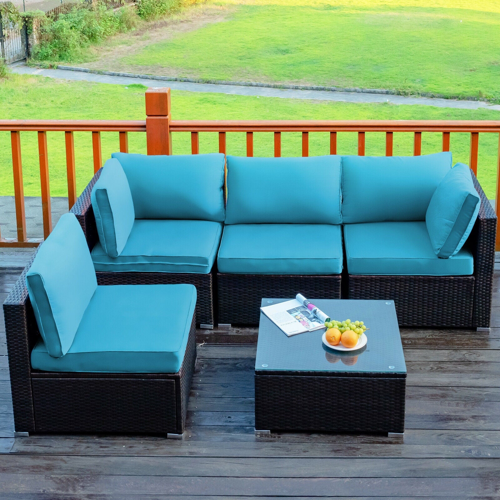 5 Pieces Cushioned Patio Rattan Furniture Set with Glass Table-Turquoise