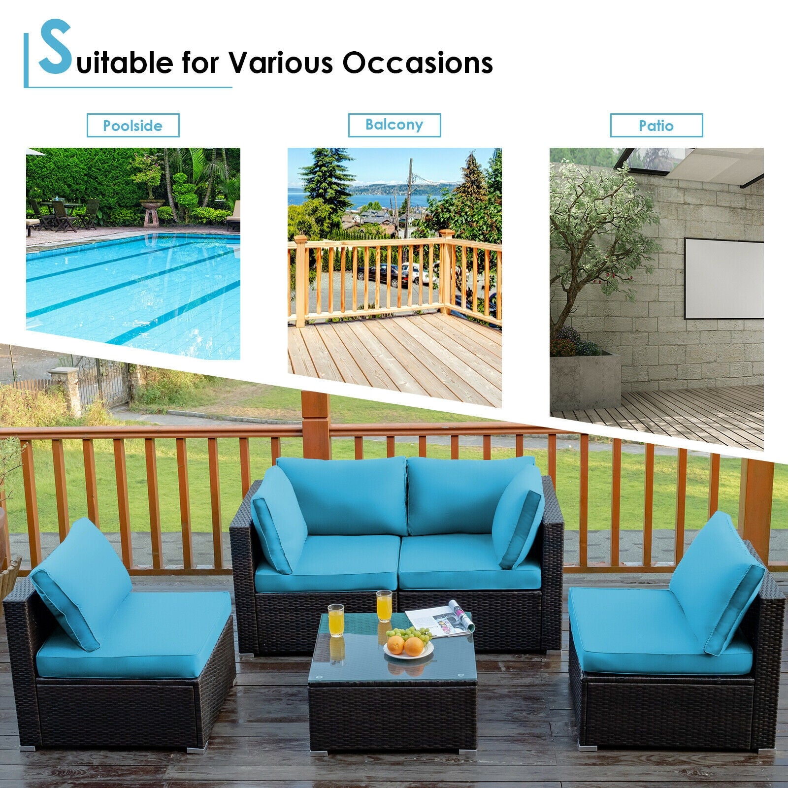 5 Pieces Cushioned Patio Rattan Furniture Set with Glass Table-Turquoise