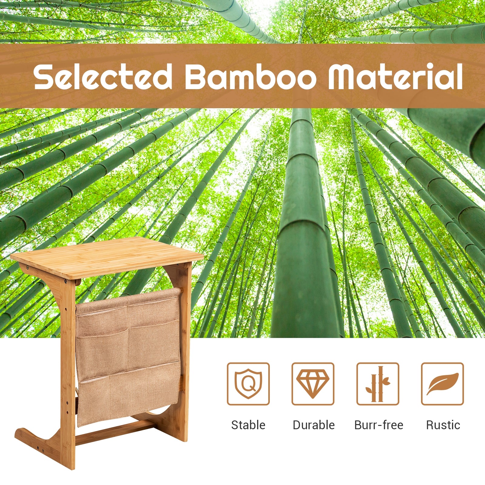 Bamboo Sofa Table End Table Bedside Table with Storage Bag-Natural