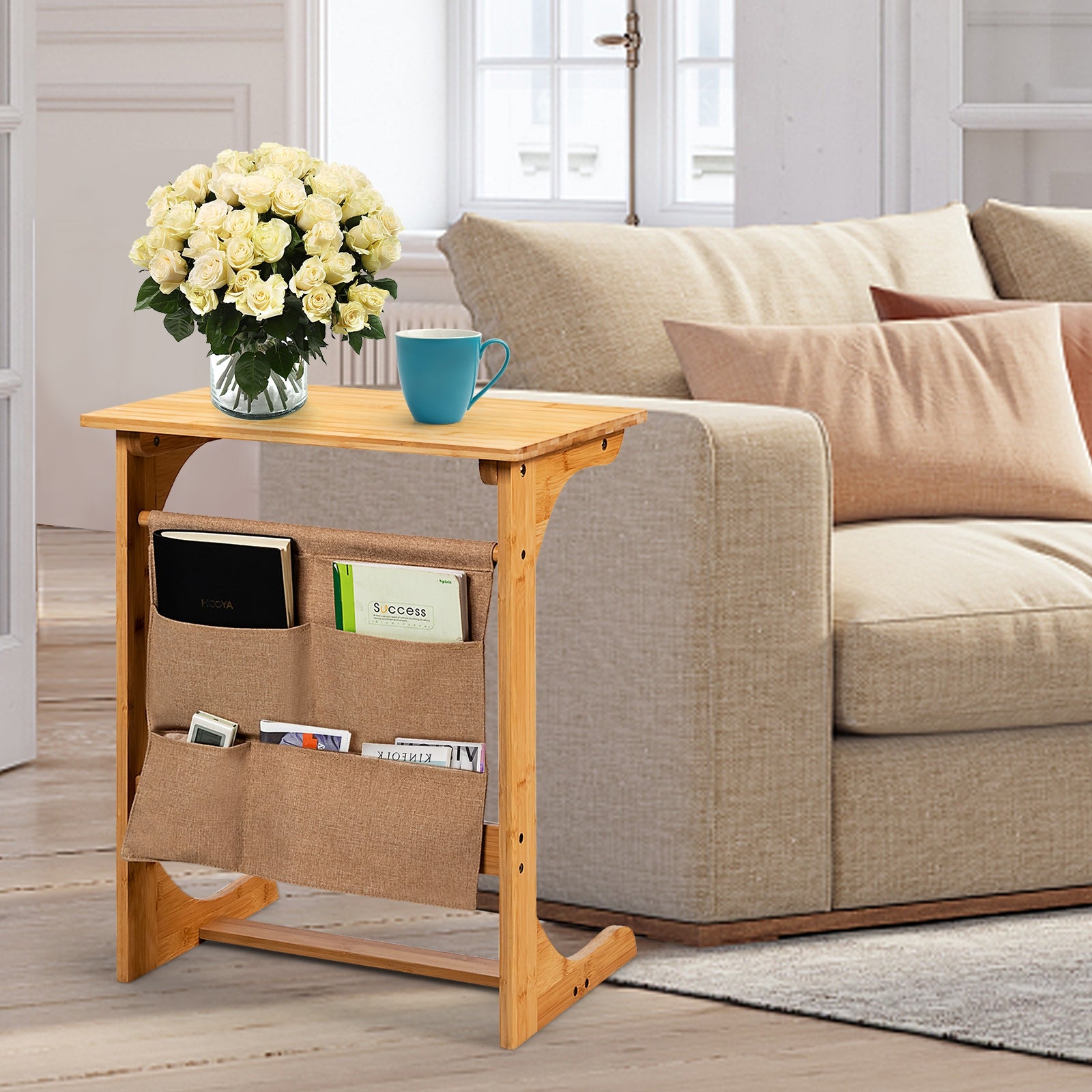 Bamboo Sofa Table End Table Bedside Table with Storage Bag-Natural